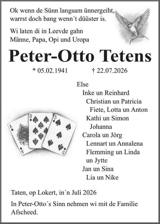 Traueranzeige Peter-Otto Tetens