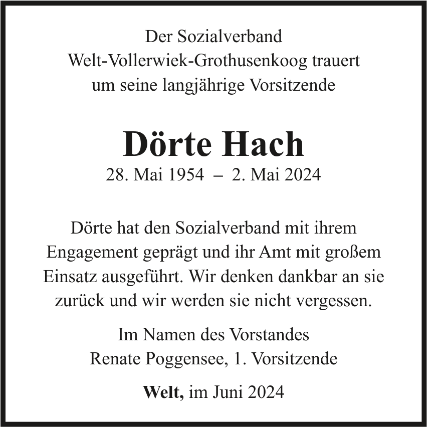Traueranzeige Dörte Hach