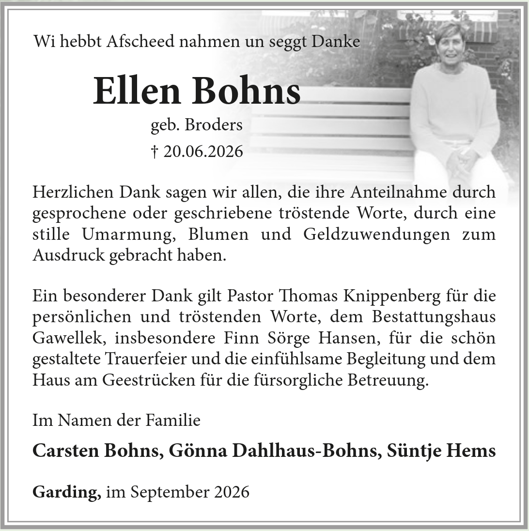 Traueranzeige Ellen Bohns