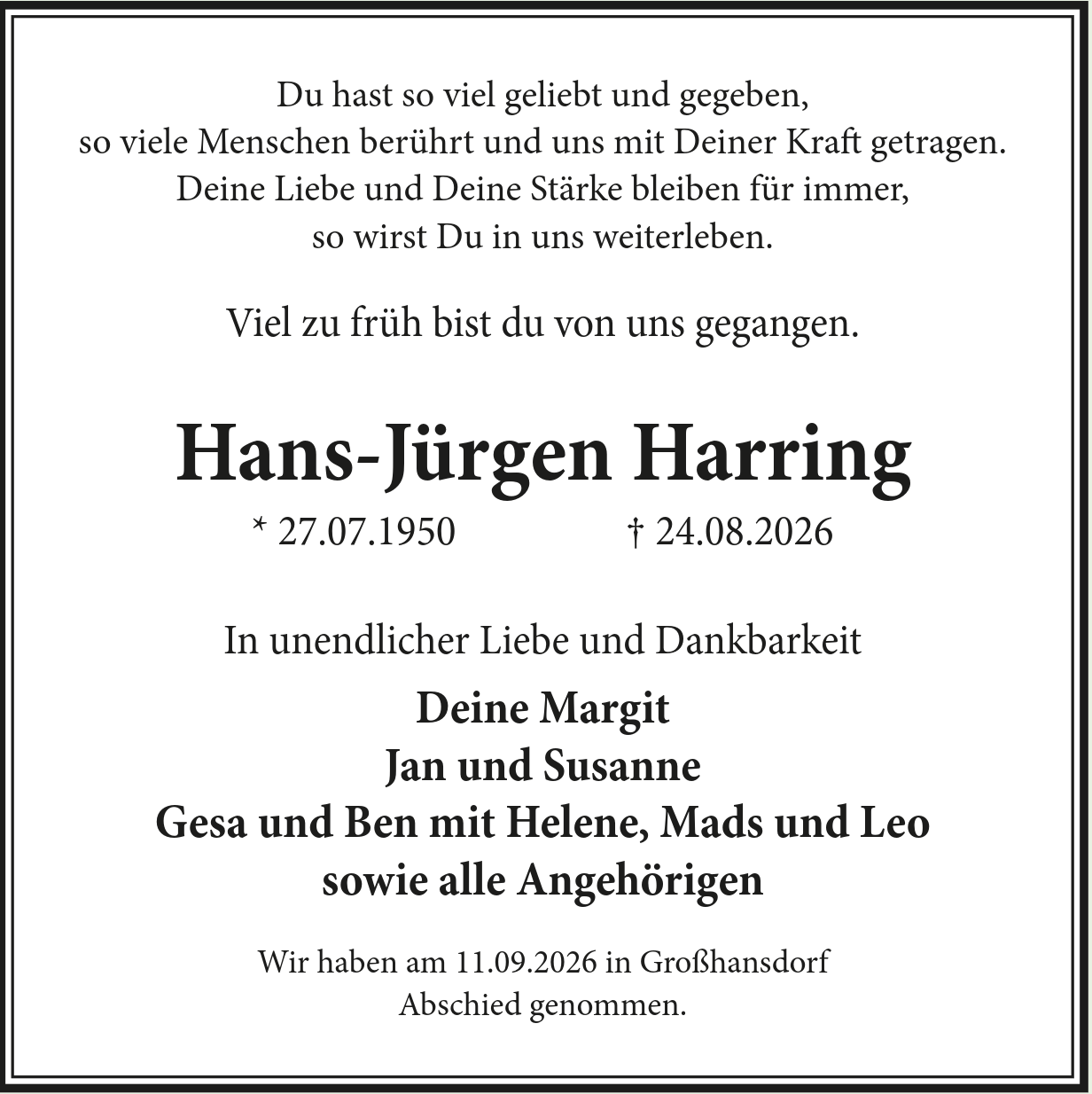 Traueranzeige Hans-Jürgen Harring