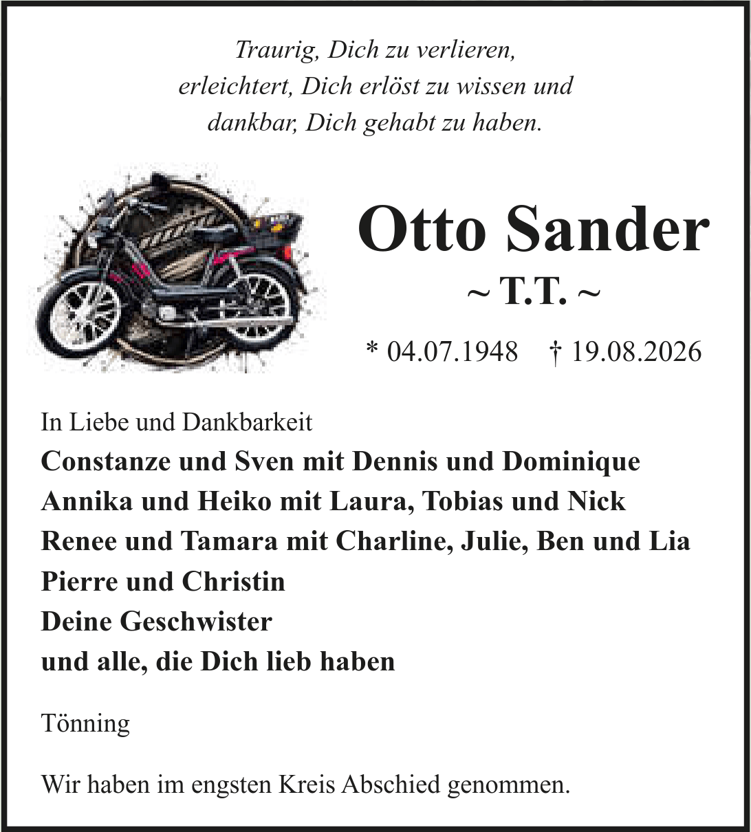 Traueranzeige Otto Sander