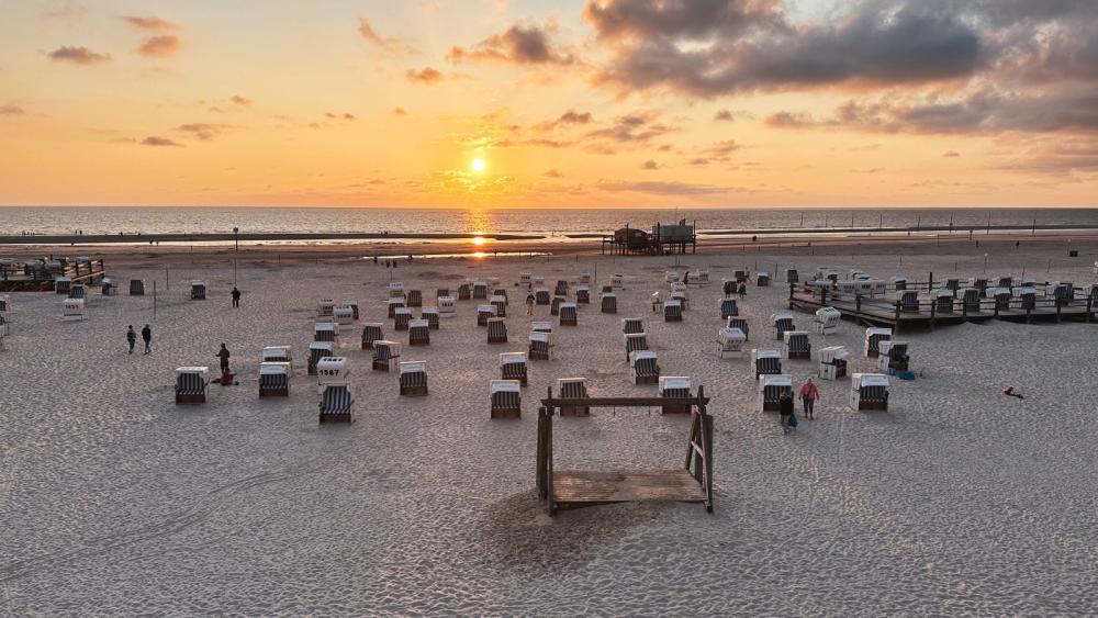 Ein weißer Sandstrand, auf dem Strandkörbe stehen. Die Sonne steht sehr tief.
