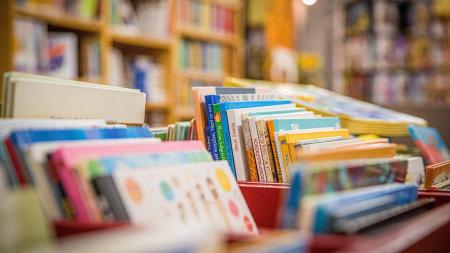 Nahaufnahme von mehreren Bücherreihen in einem Bücherregal mit unscharfem Hintergrund.