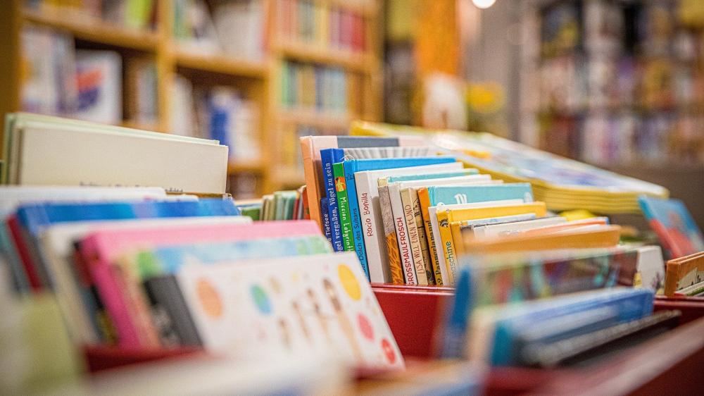 Nahaufnahme von mehreren Bücherreihen in einem Bücherregal mit unscharfem Hintergrund.