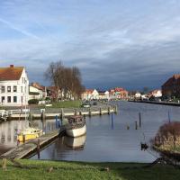 Der Tönninger Hafen, im Hintergrund norddeutsche Gebäude.