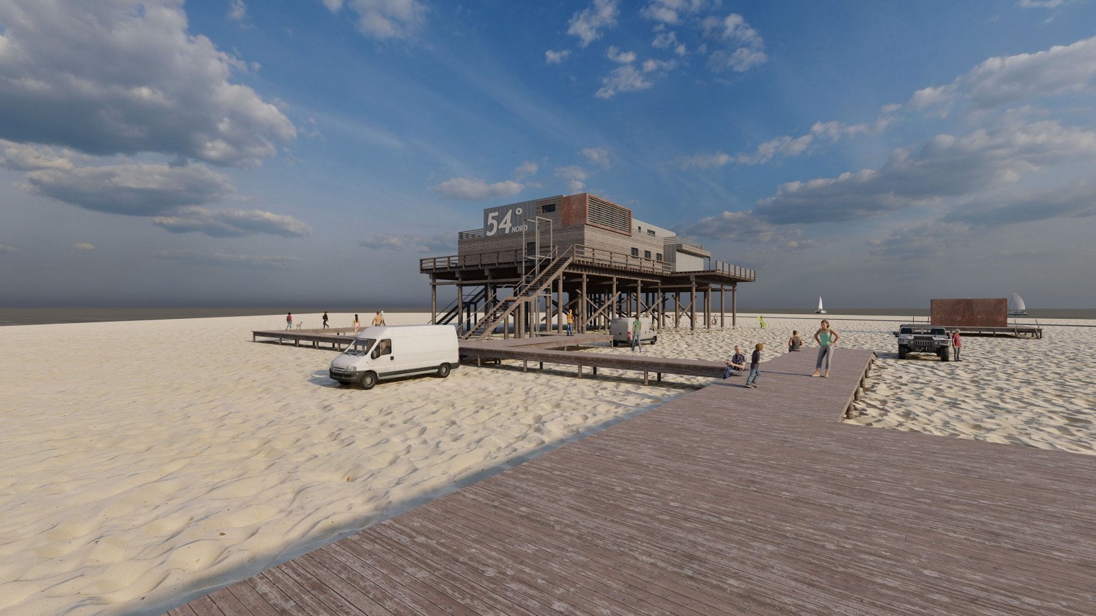 Architekten-Zeichnung Pfahlbaurestaurant Strandbar 54 ° Nord