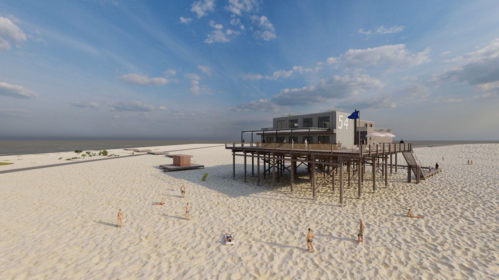 Architekten-Zeichnung Pfahlbaurestaurant Strandbar 54 ° Nord