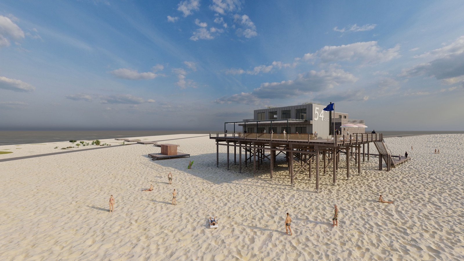 Architekten-Zeichnung Pfahlbaurestaurant Strandbar 54 ° Nord