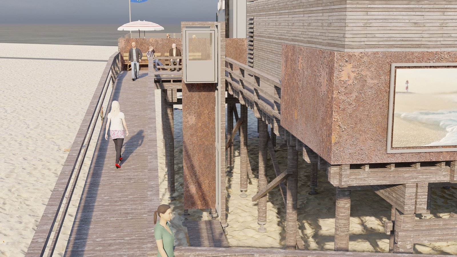 Zeichnung Strandbar 54° Nord, neuer Pfahlbau am Strand von St. Peter-Ording bekommt jetzt auch eine barrierearme Rampe und einen Plattformaufzug.