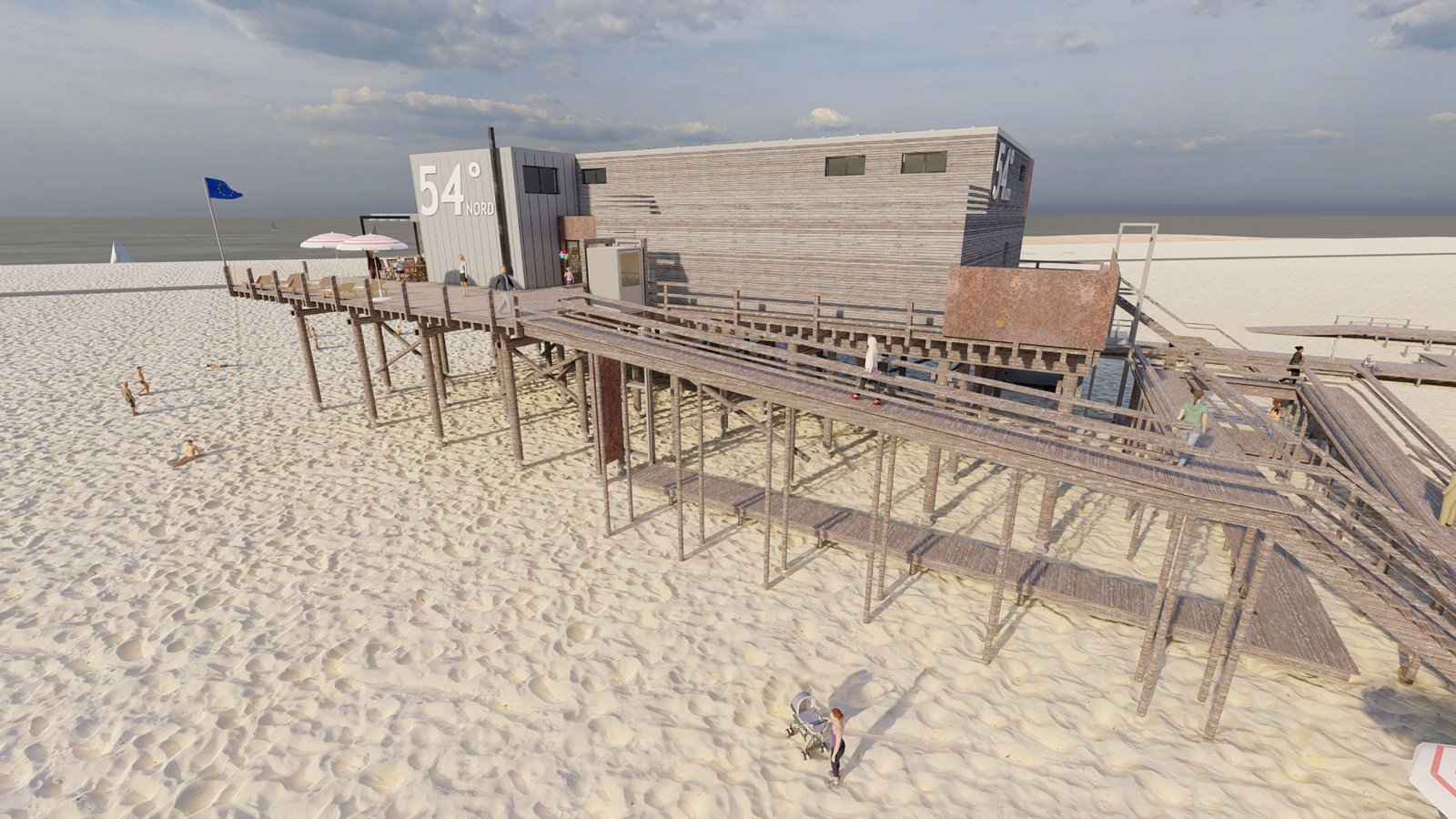 Zeichnung Strandbar 54° Nord, neuer Pfahlbau am Strand von St. Peter-Ording bekommt jetzt auch eine barrierearme Rampe und einen Plattformaufzug.